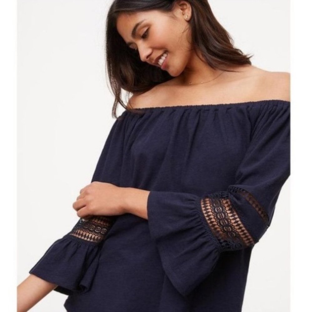 Loft Off Shoulder Crochet Bell Sleeve Top Navy Blue 3/4 Sleeve